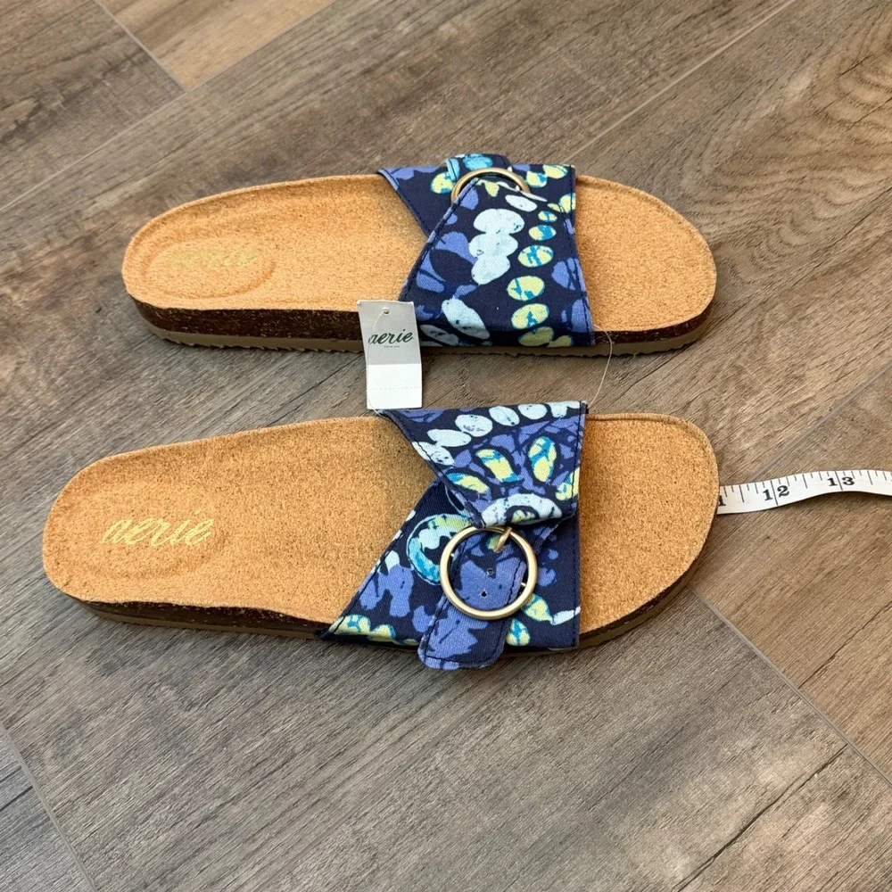 NEW Aerie Womens 10 Floral Buckle Slide Sandals Blue Yellow Cork Beach Coastal